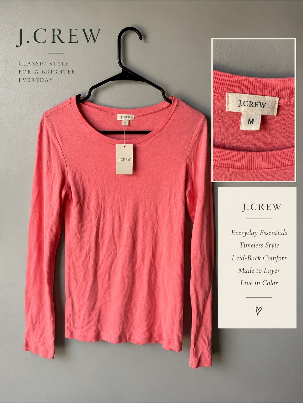 NWT J.Crew Factory Coral Pink Long Sleeve Tee Size Medium